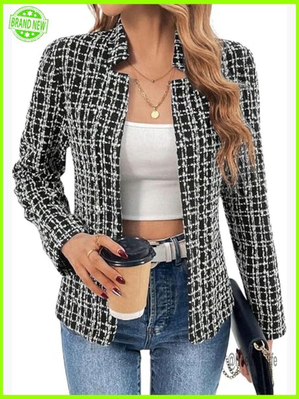 Slim Fit Tweed Blazer Notched Lapel Open Front Business Casual Jacket
